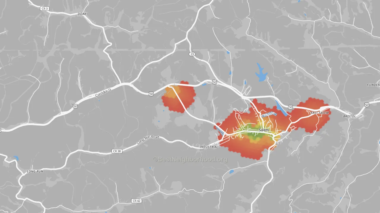 Walk Grade map of Industrial, WV, walkable areas in green and car-dependent areas in red