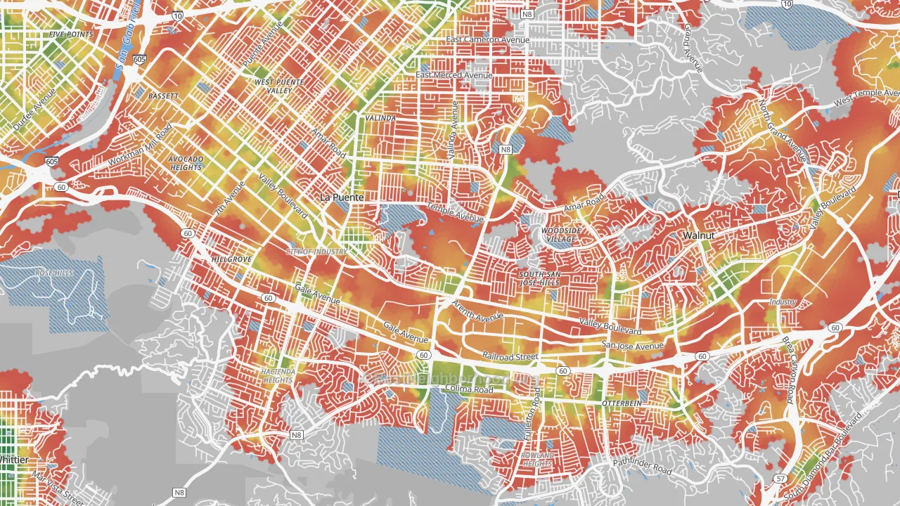 Walk Grade map of Industry, CA, walkable areas in green and car-dependent areas in red