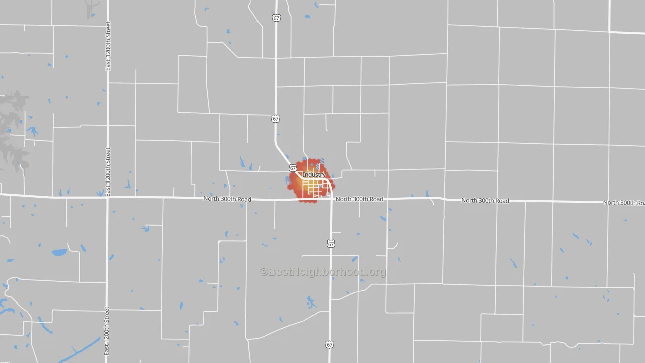 Walk Grade map of Industry, IL, walkable areas in green and car-dependent areas in red