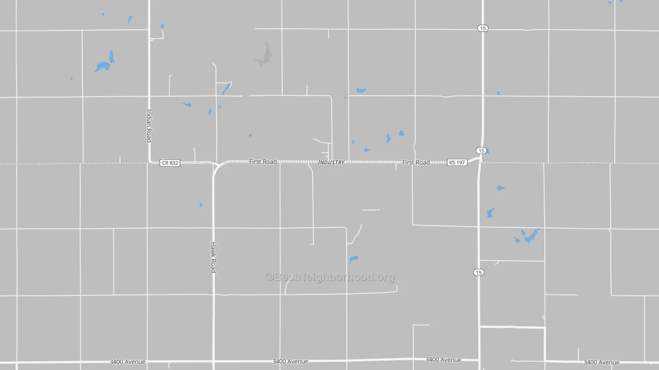 Walk Grade map of Industry, KS, walkable areas in green and car-dependent areas in red