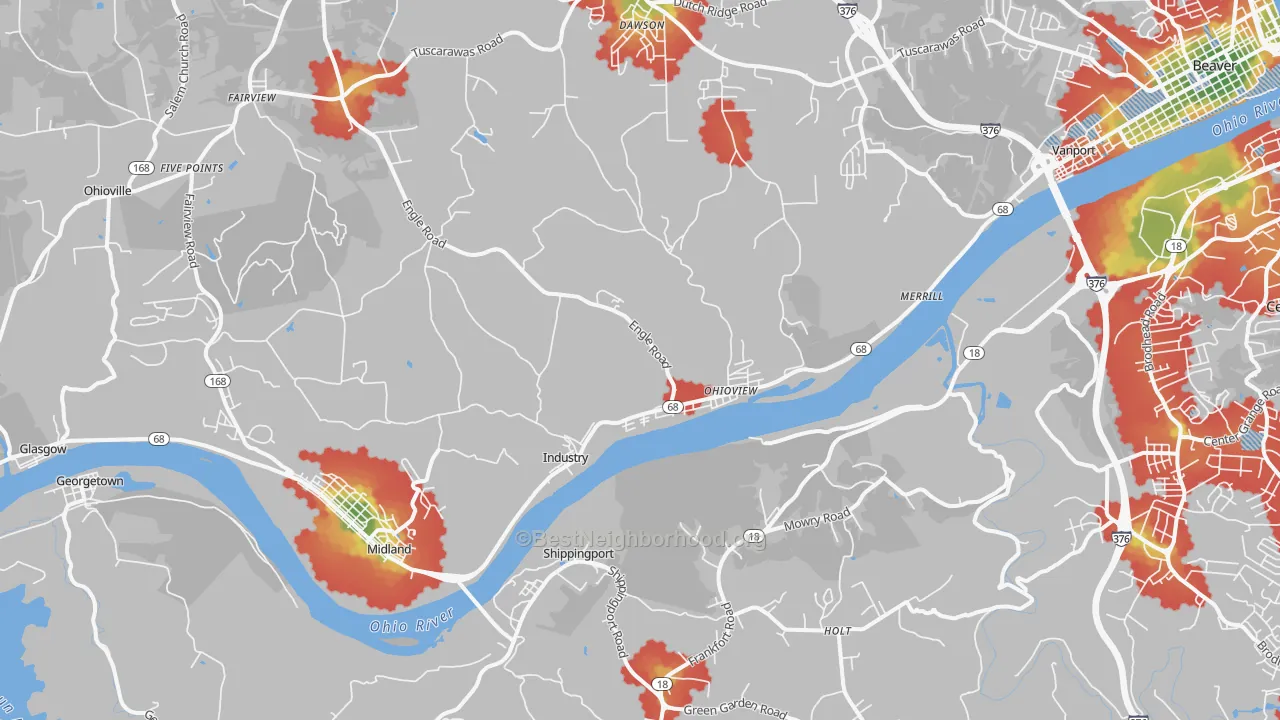Walk Grade map of Industry, PA, walkable areas in green and car-dependent areas in red