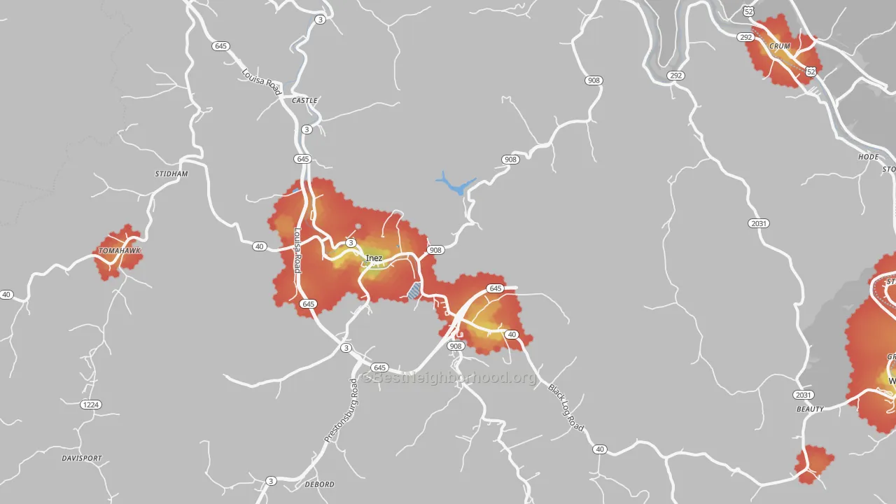 Walk Grade map of Inez, KY, walkable areas in green and car-dependent areas in red