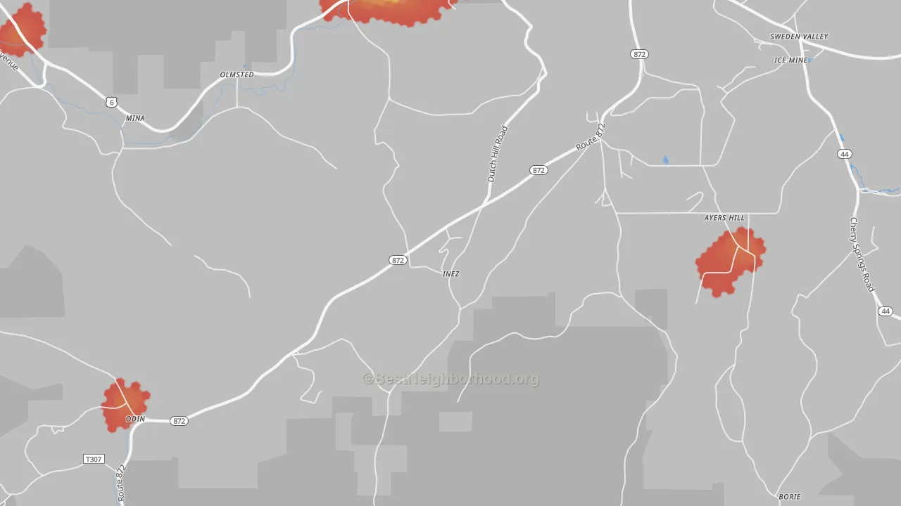 Walk Grade map of Inez, PA, walkable areas in green and car-dependent areas in red