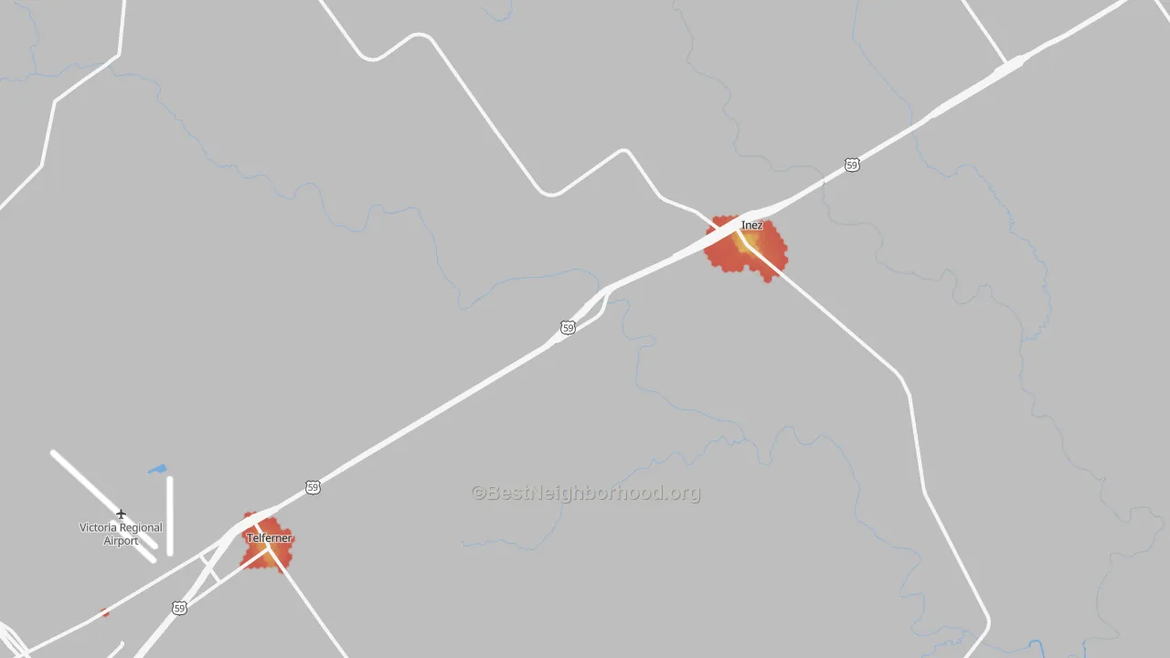 Walk Grade map of Inez, TX, walkable areas in green and car-dependent areas in red