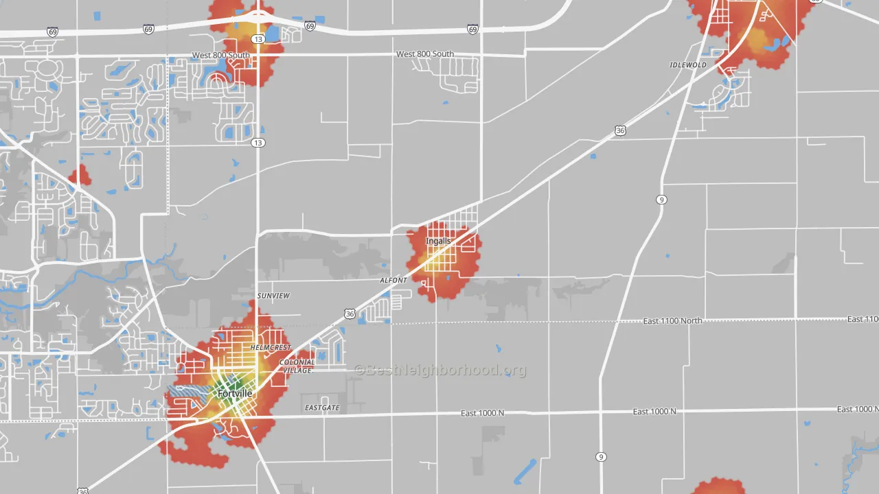 Walk Grade map of Ingalls, IN, walkable areas in green and car-dependent areas in red