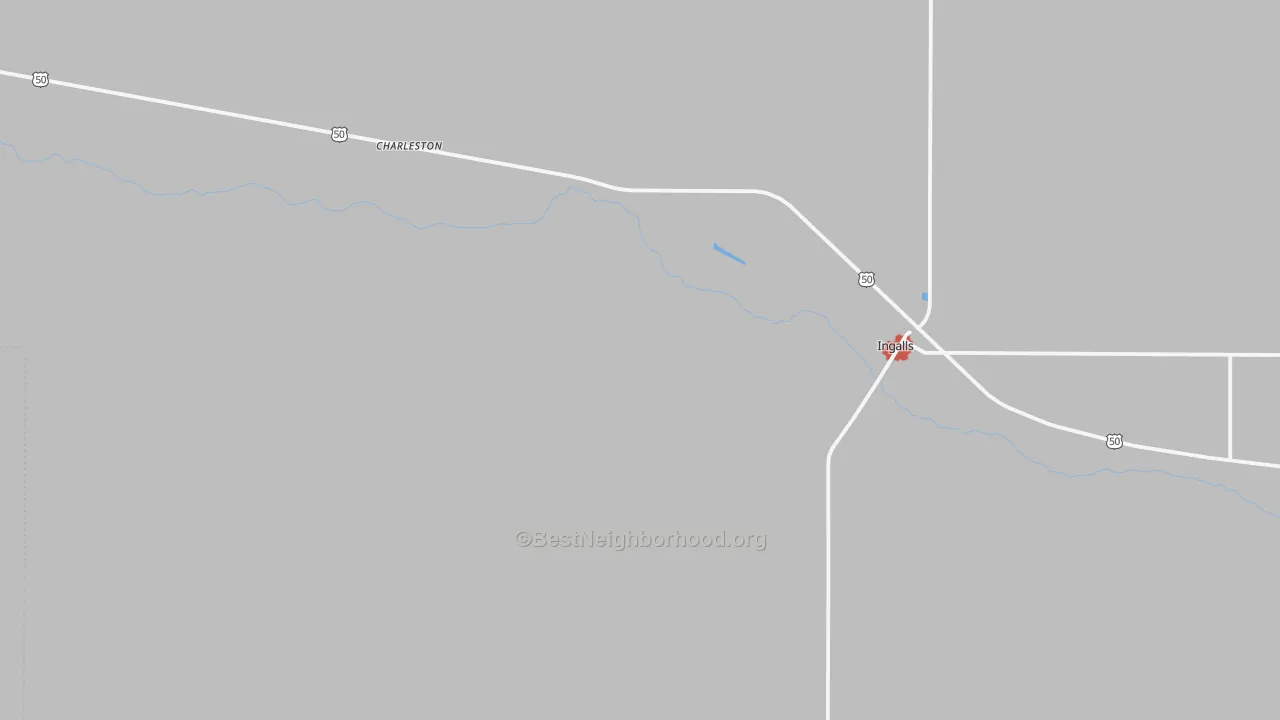 Walk Grade map of Ingalls, KS, walkable areas in green and car-dependent areas in red