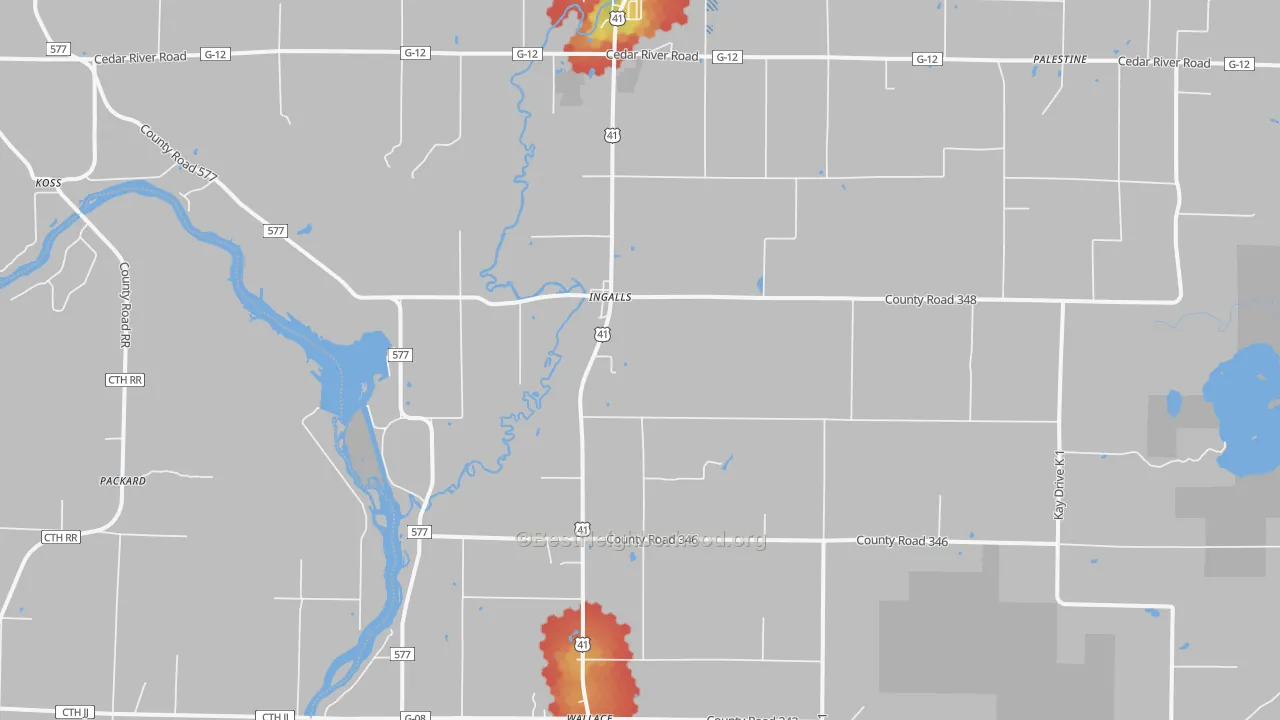 Walk Grade map of Ingalls, MI, walkable areas in green and car-dependent areas in red