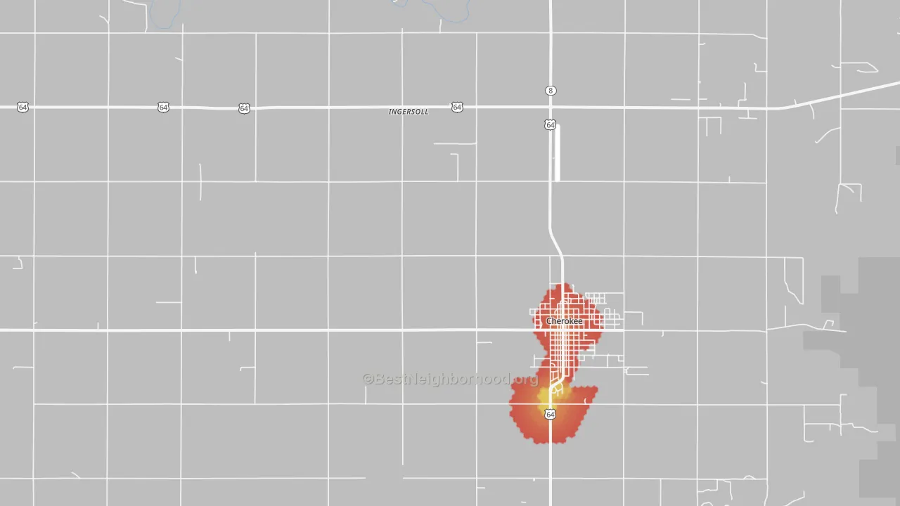 Walk Grade map of Ingersoll, OK, walkable areas in green and car-dependent areas in red