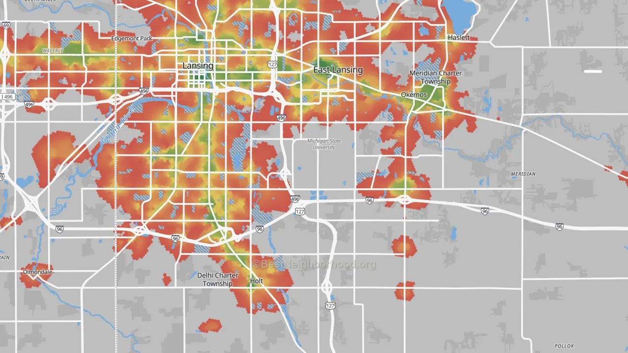 Walk Grade map of Ingham County, MI, walkable areas in green and car-dependent areas in red