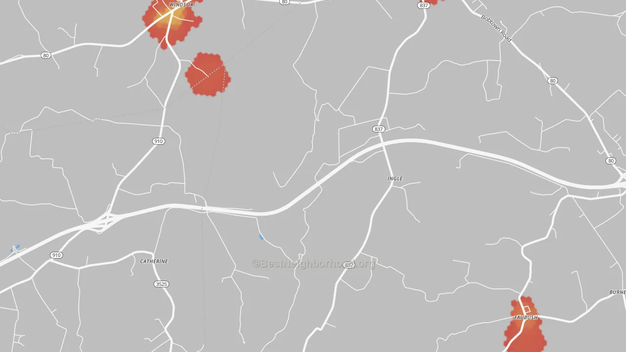 Walk Grade map of Ingle, KY, walkable areas in green and car-dependent areas in red
