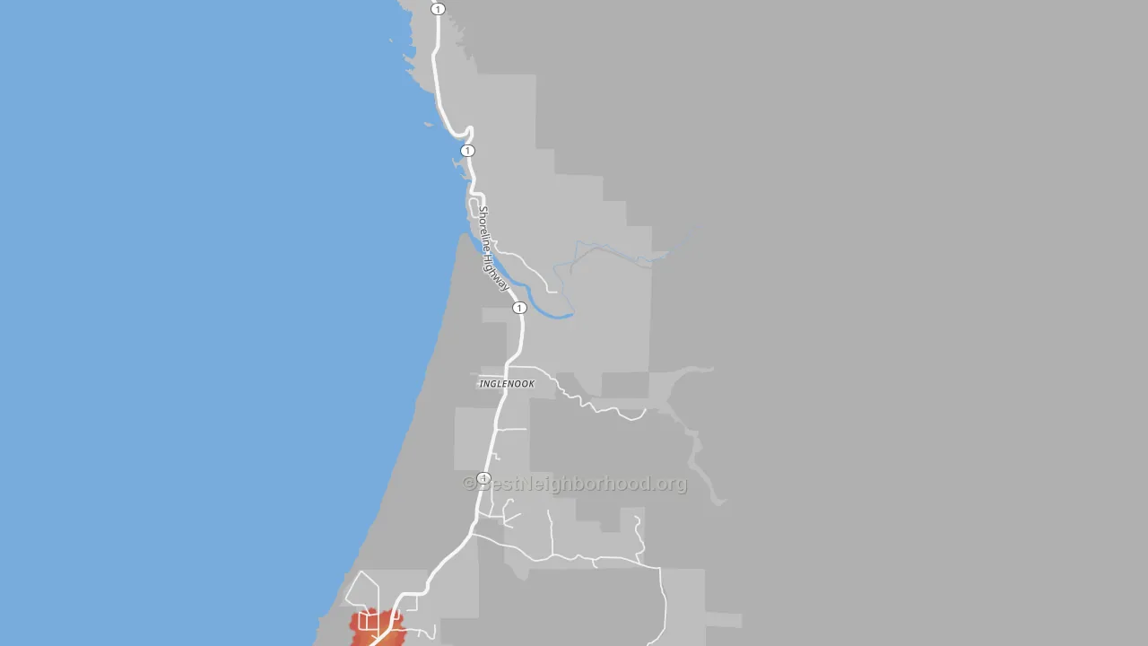 Walk Grade map of Inglenook, CA, walkable areas in green and car-dependent areas in red
