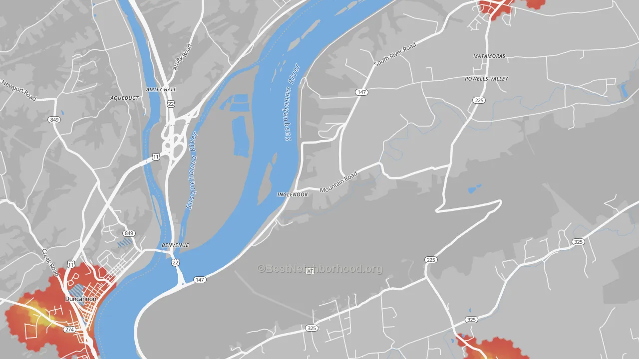 Walk Grade map of Inglenook, PA, walkable areas in green and car-dependent areas in red