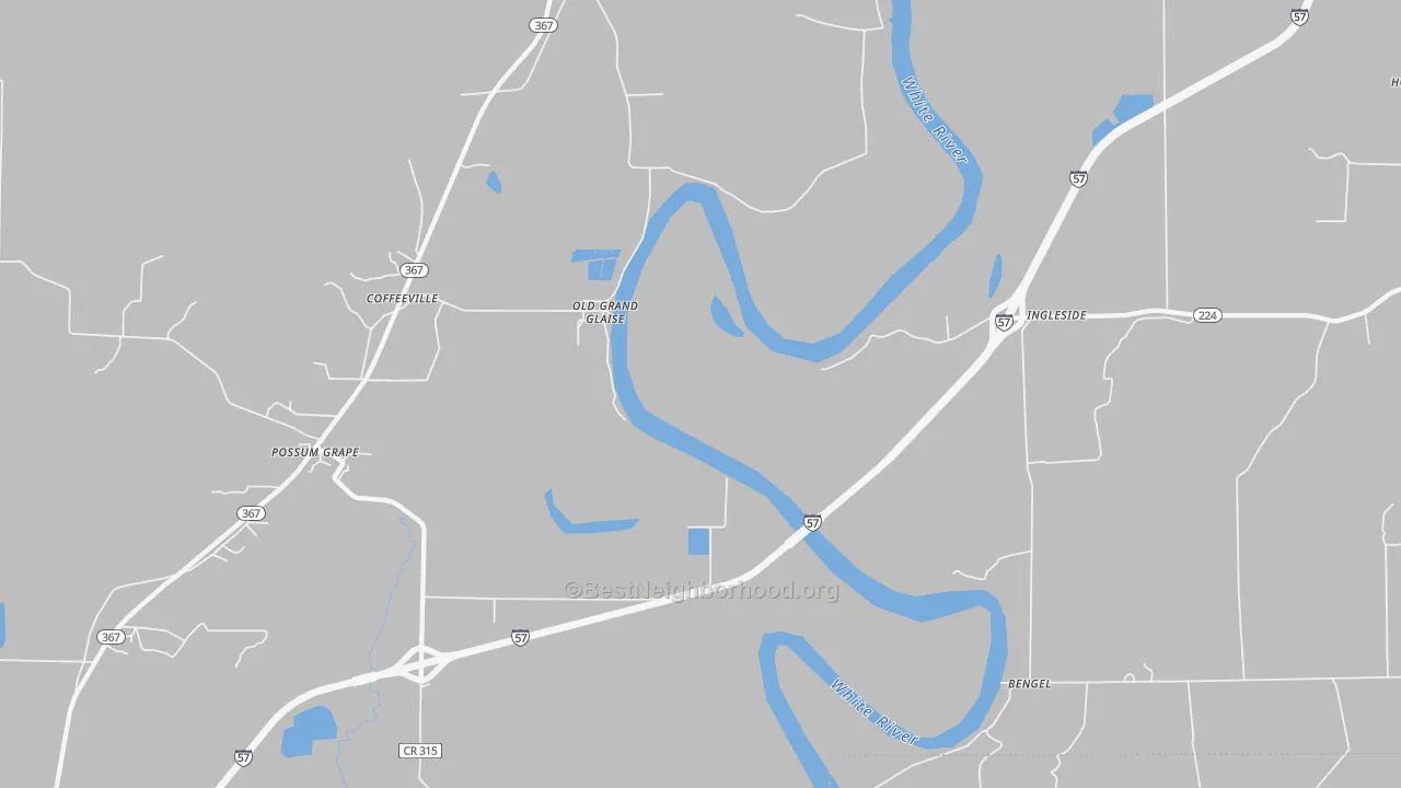 Walk Grade map of Ingleside, AR, walkable areas in green and car-dependent areas in red