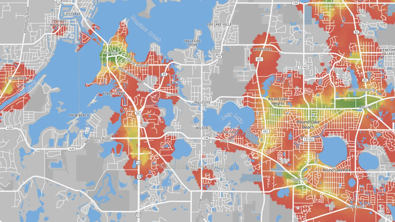 Walk Grade map of Ingleside, IL, walkable areas in green and car-dependent areas in red