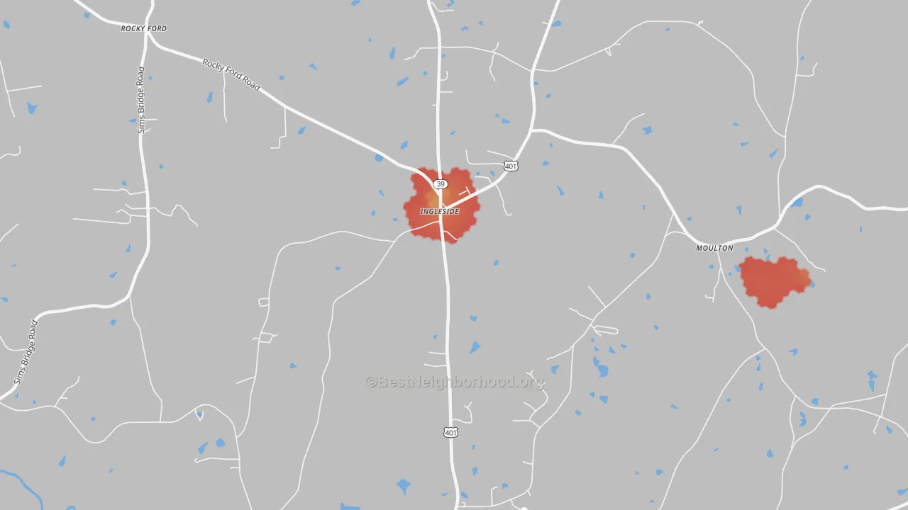 Walk Grade map of Ingleside, NC, walkable areas in green and car-dependent areas in red
