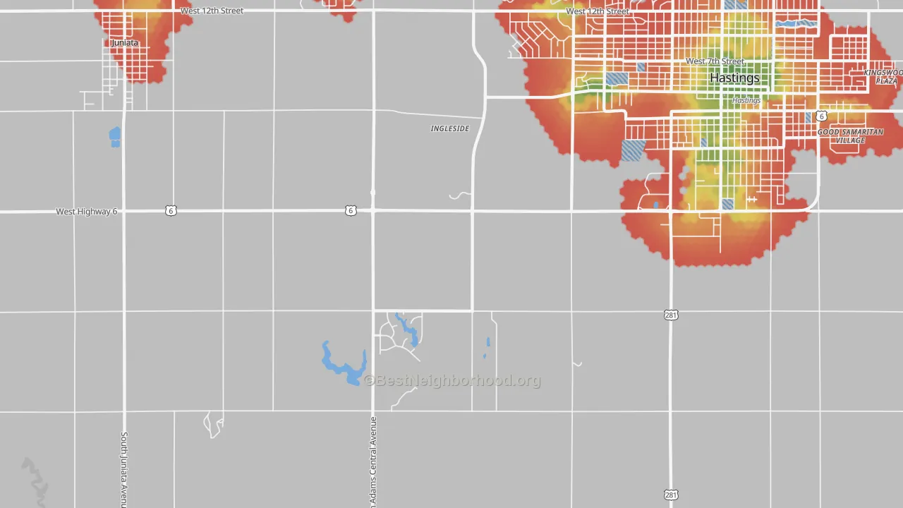 Walk Grade map of Ingleside, NE, walkable areas in green and car-dependent areas in red