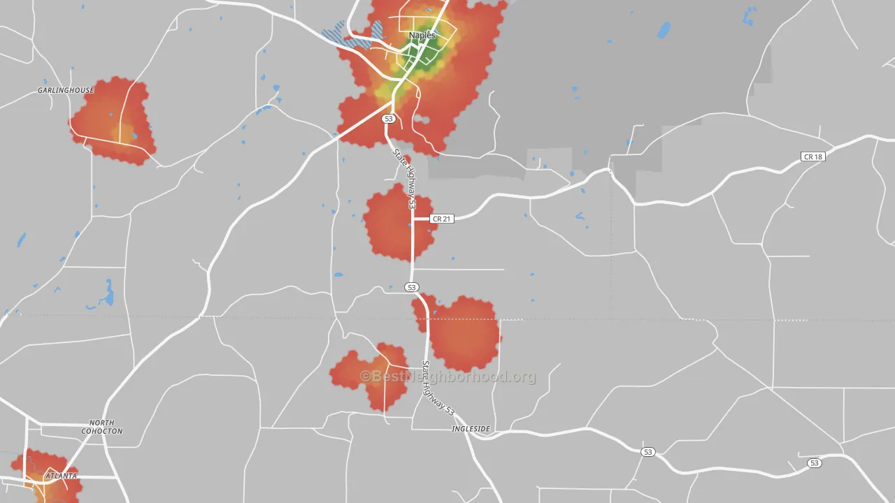 Walk Grade map of Ingleside, NY, walkable areas in green and car-dependent areas in red