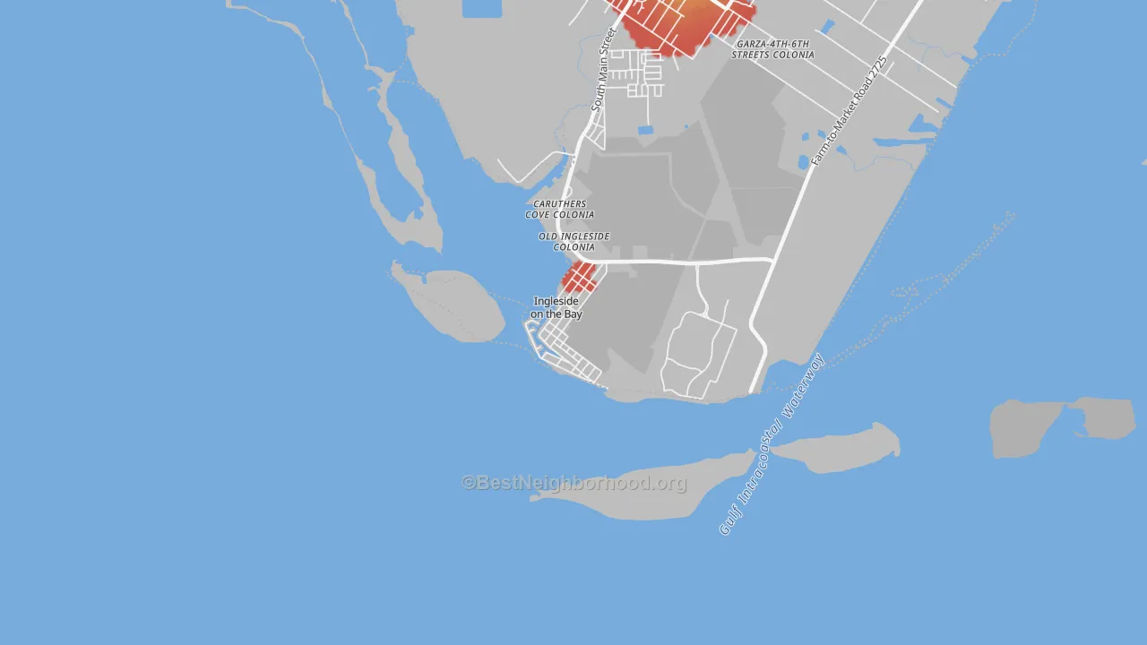 Walk Grade map of Ingleside on the Bay, TX, walkable areas in green and car-dependent areas in red