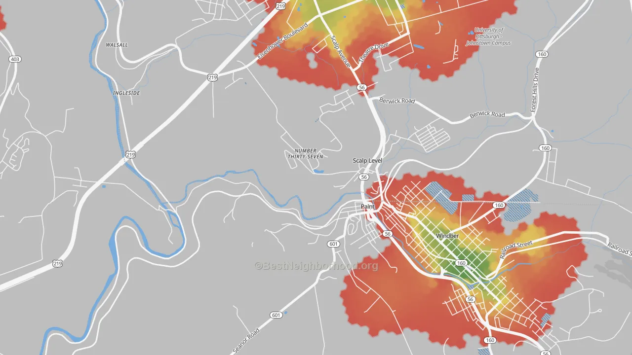 Walk Grade map of Ingleside, PA, walkable areas in green and car-dependent areas in red
