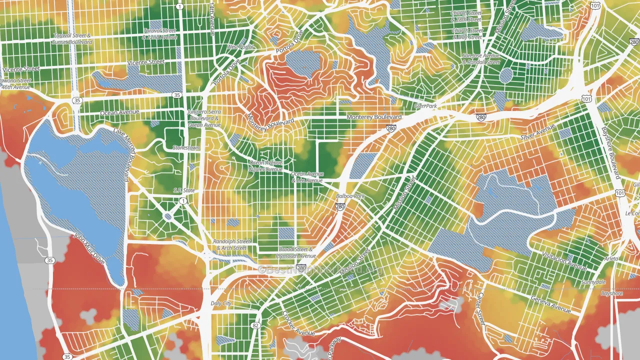 Walk Grade map of Ingleside, San Francisco, CA, walkable areas in green and car-dependent areas in red