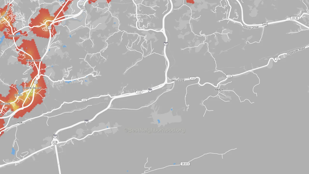Walk Grade map of Ingleside, WV, walkable areas in green and car-dependent areas in red