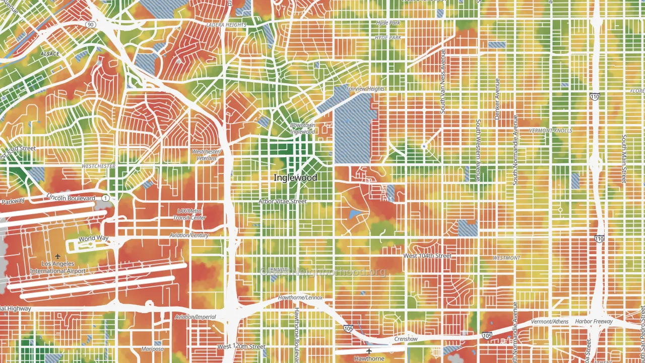 Walk Grade map of Inglewood, CA, walkable areas in green and car-dependent areas in red