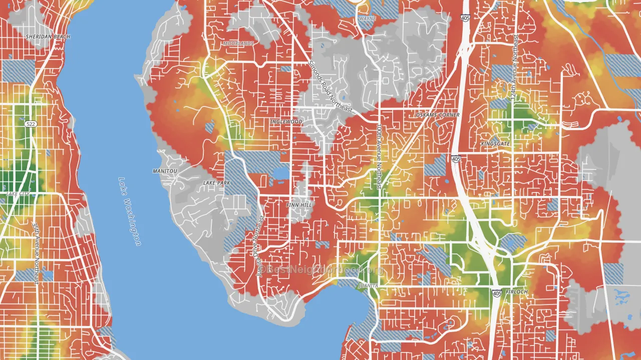 Walk Grade map of Inglewood-Finn Hill, WA, walkable areas in green and car-dependent areas in red