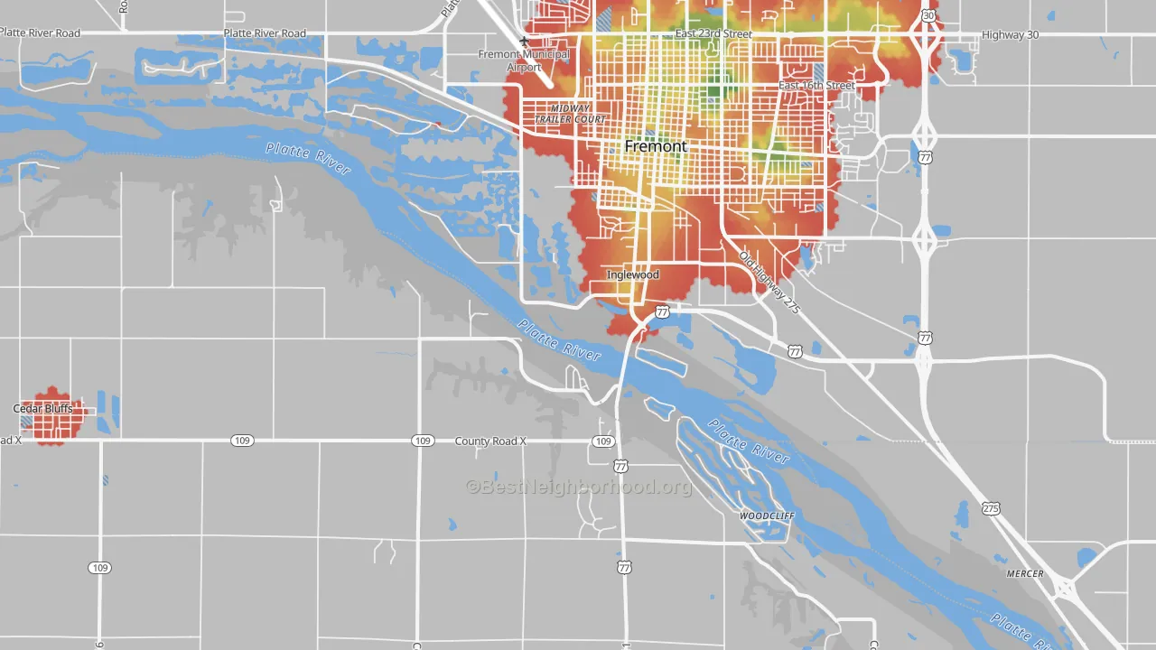 Walk Grade map of Inglewood, NE, walkable areas in green and car-dependent areas in red