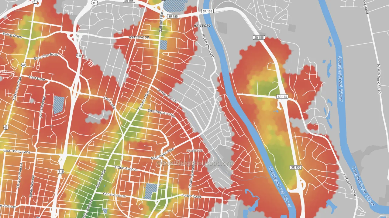 Walk Grade map of Inglewood-Riverwood, Nashville, TN, walkable areas in green and car-dependent areas in red