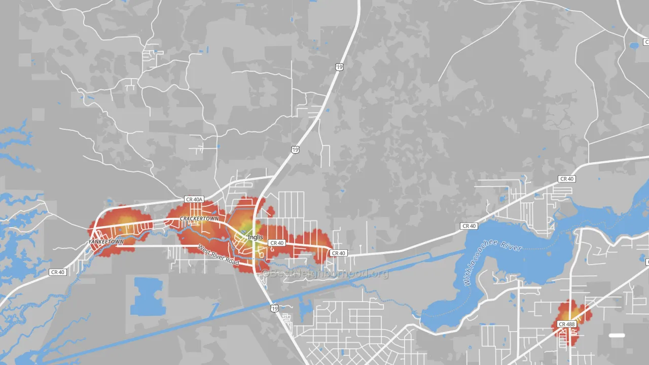 Walk Grade map of Inglis, FL, walkable areas in green and car-dependent areas in red
