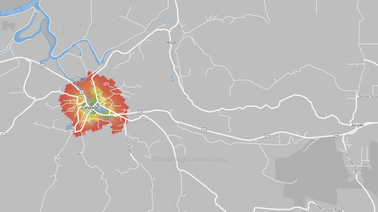 Walk Grade map of Inglis, OR, walkable areas in green and car-dependent areas in red