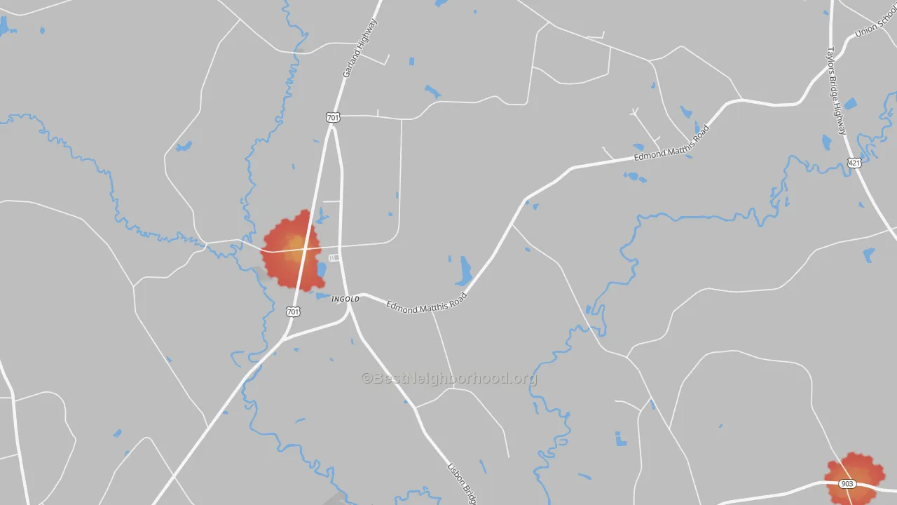 Walk Grade map of Ingold, NC, walkable areas in green and car-dependent areas in red