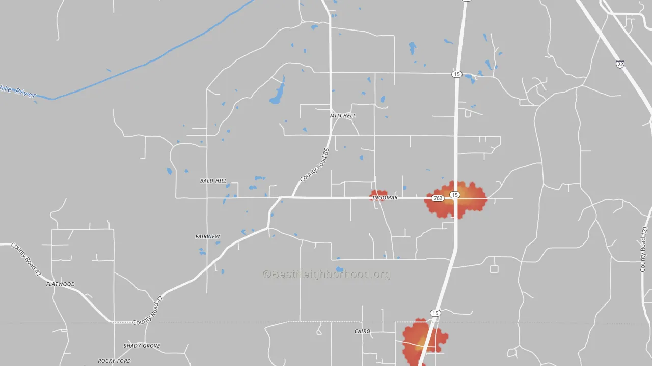 Walk Grade map of Ingomar, MS, walkable areas in green and car-dependent areas in red