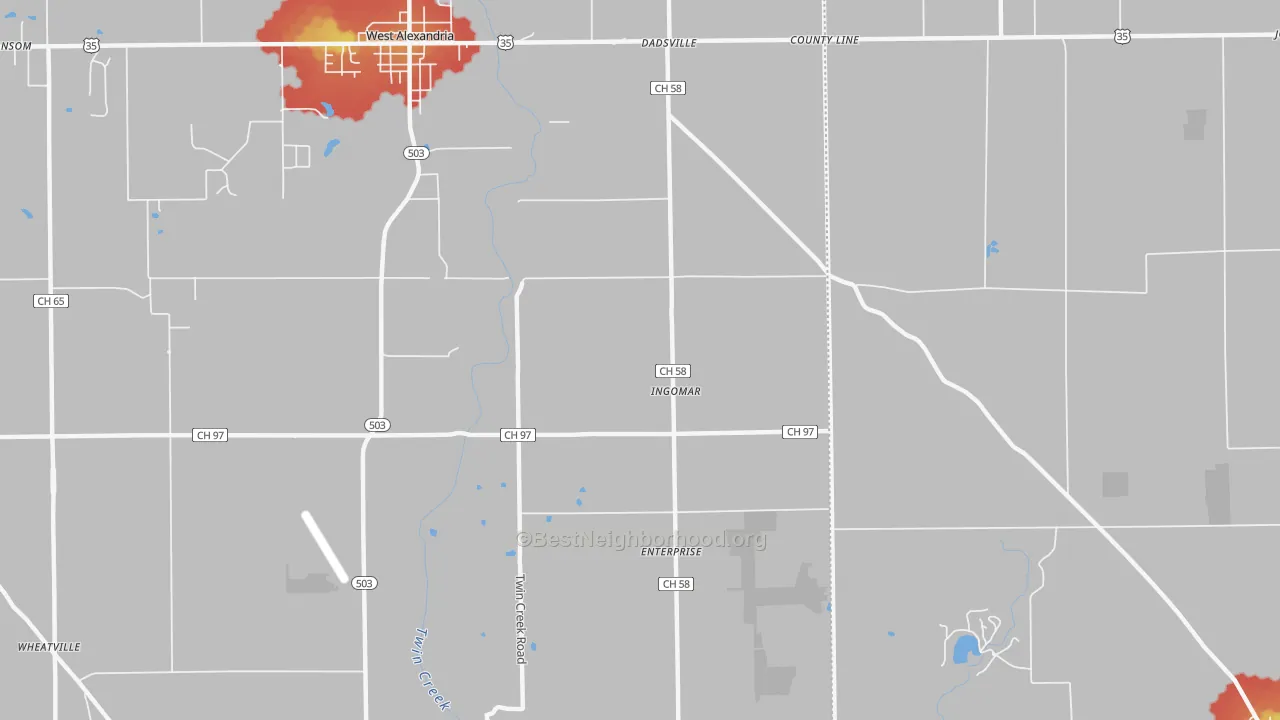 Walk Grade map of Ingomar, OH, walkable areas in green and car-dependent areas in red
