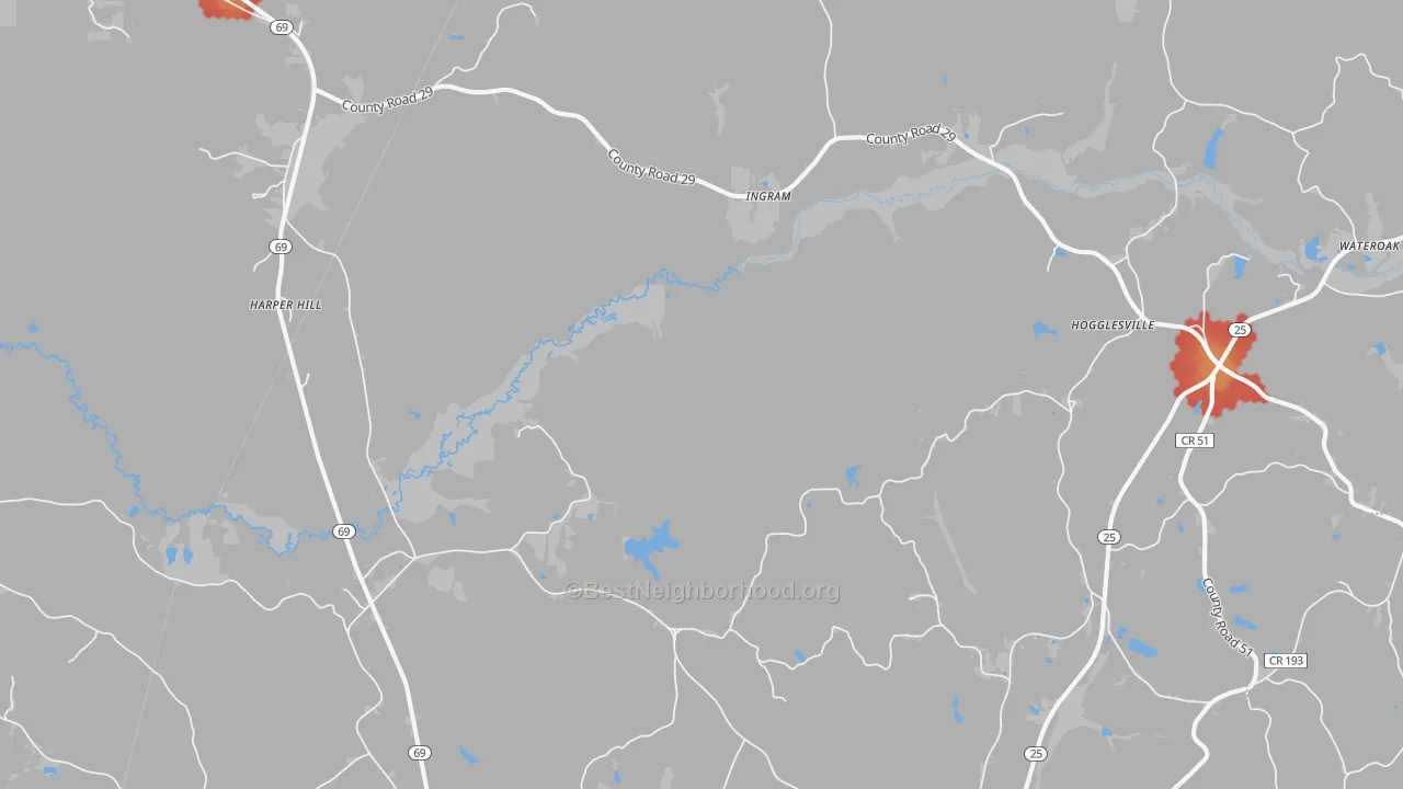 Walk Grade map of Ingram, AL, walkable areas in green and car-dependent areas in red
