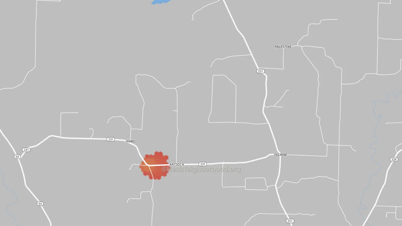Walk Grade map of Ingram, AR, walkable areas in green and car-dependent areas in red