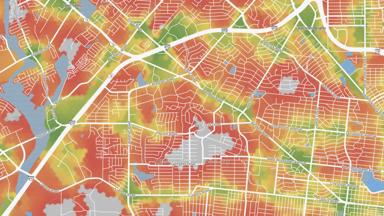 Walk Grade map of Ingram Hills, San Antonio, TX, walkable areas in green and car-dependent areas in red