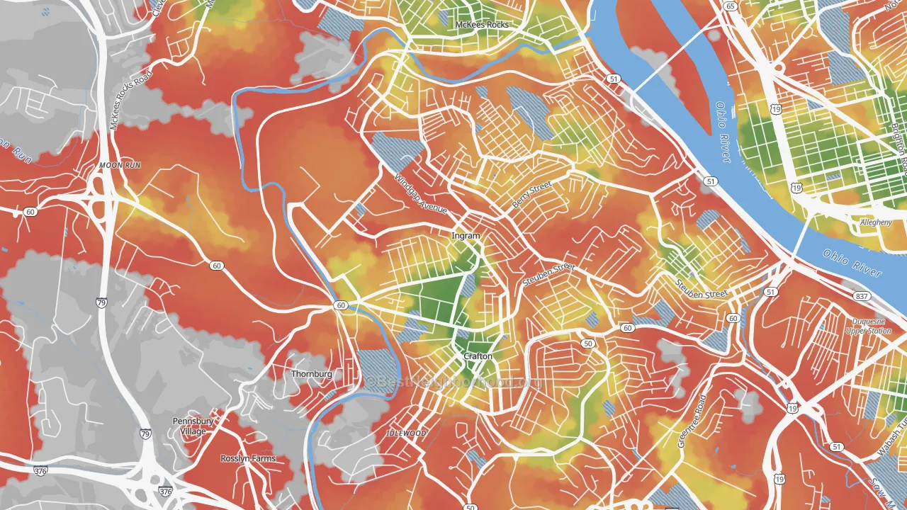 Walk Grade map of Ingram, PA, walkable areas in green and car-dependent areas in red