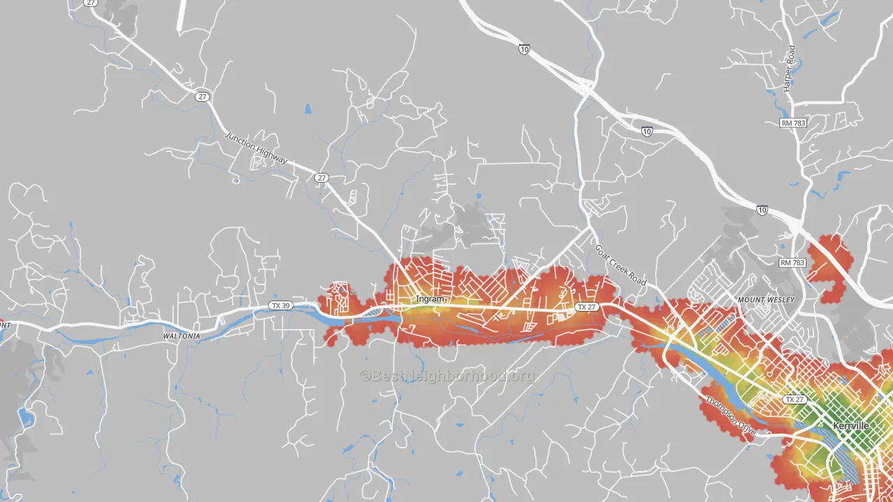 Walk Grade map of Ingram, TX, walkable areas in green and car-dependent areas in red