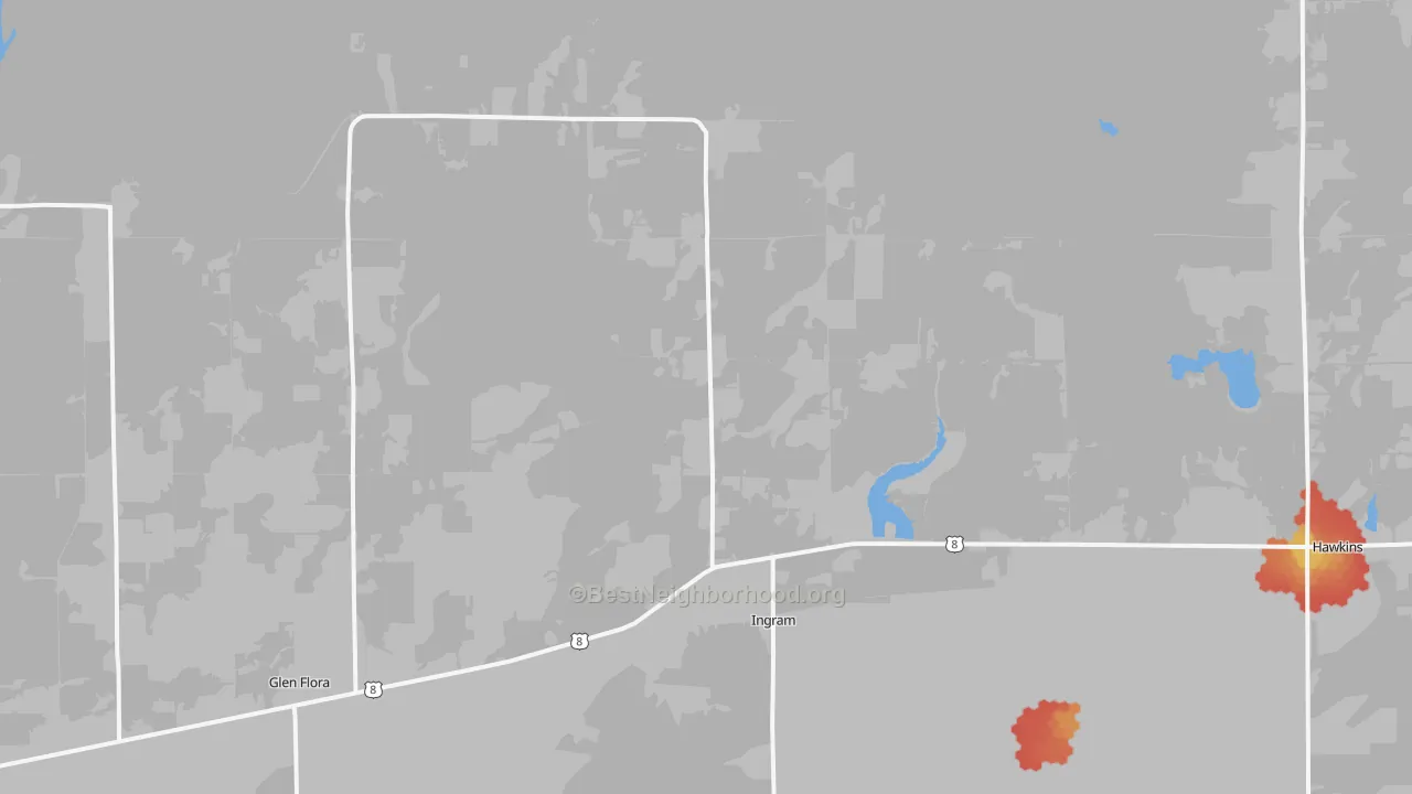Walk Grade map of Ingram, WI, walkable areas in green and car-dependent areas in red