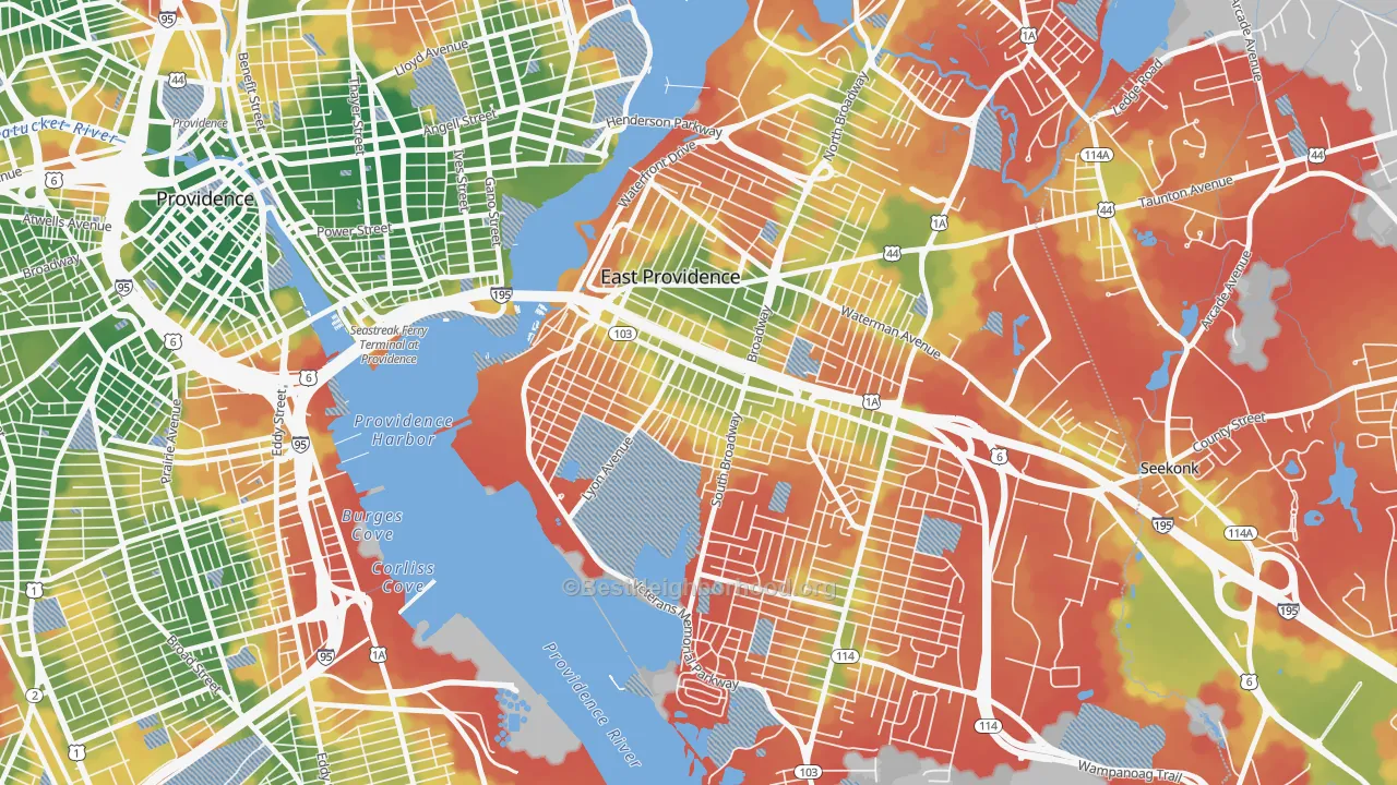 Walk Grade map of Ingrams Corner, East Providence, RI, walkable areas in green and car-dependent areas in red