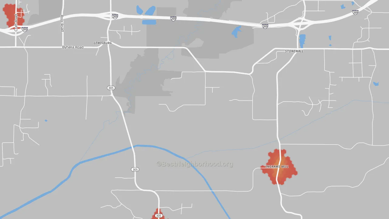 Walk Grade map of Ingrams Mill, MS, walkable areas in green and car-dependent areas in red