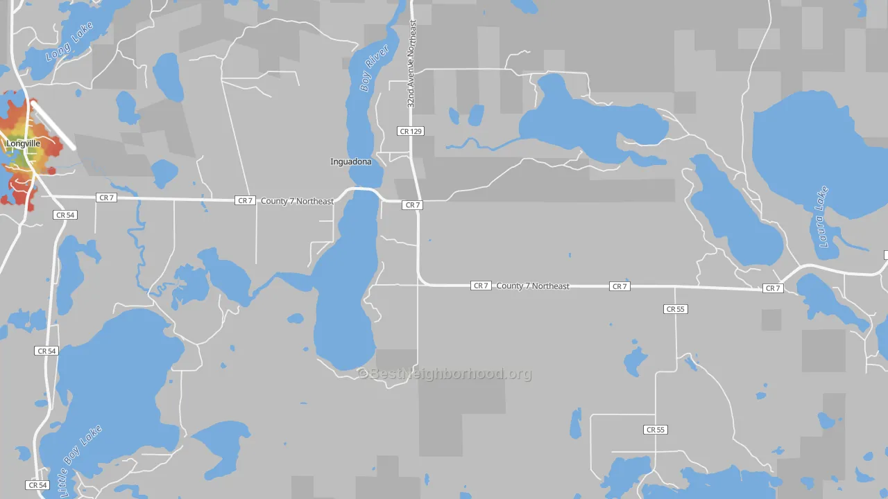 Walk Grade map of Inguadona, MN, walkable areas in green and car-dependent areas in red