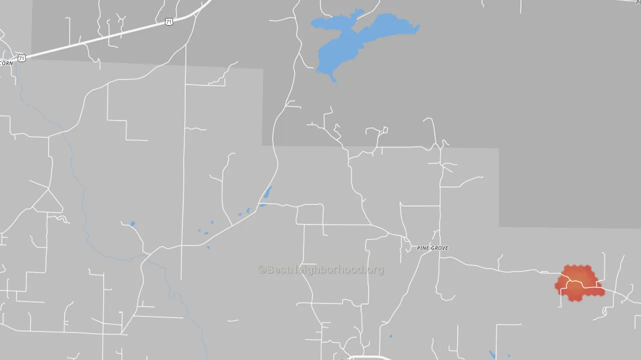 Walk Grade map of Ink, AR, walkable areas in green and car-dependent areas in red