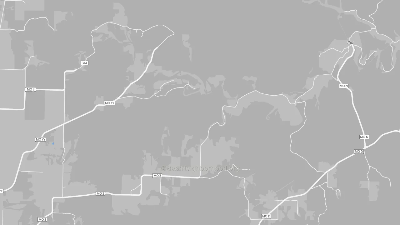 Walk Grade map of Ink, MO, walkable areas in green and car-dependent areas in red