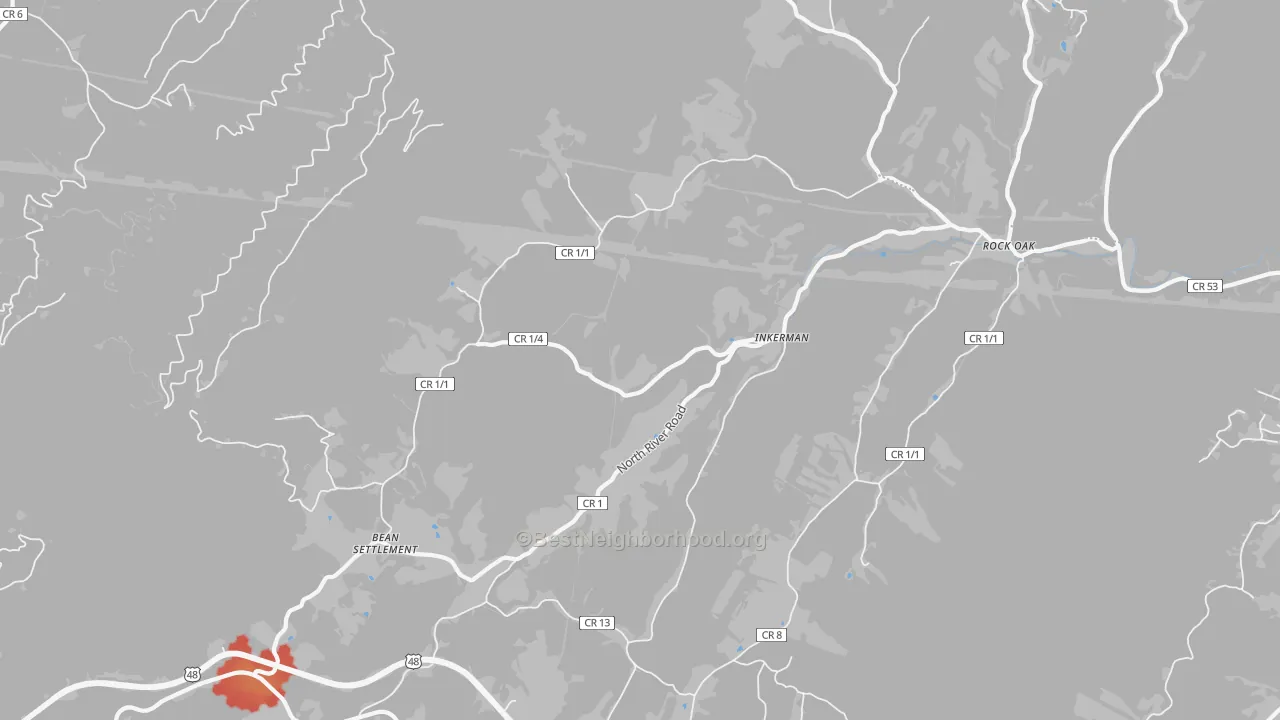 Walk Grade map of Inkerman, WV, walkable areas in green and car-dependent areas in red