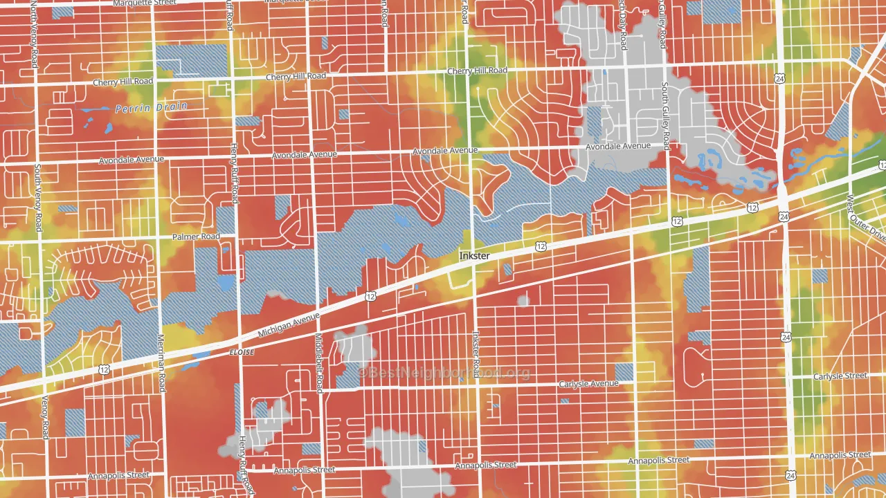 Walk Grade map of Inkster, MI, walkable areas in green and car-dependent areas in red