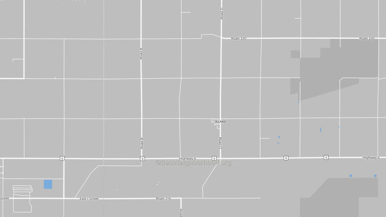 Walk Grade map of Inland, NE, walkable areas in green and car-dependent areas in red