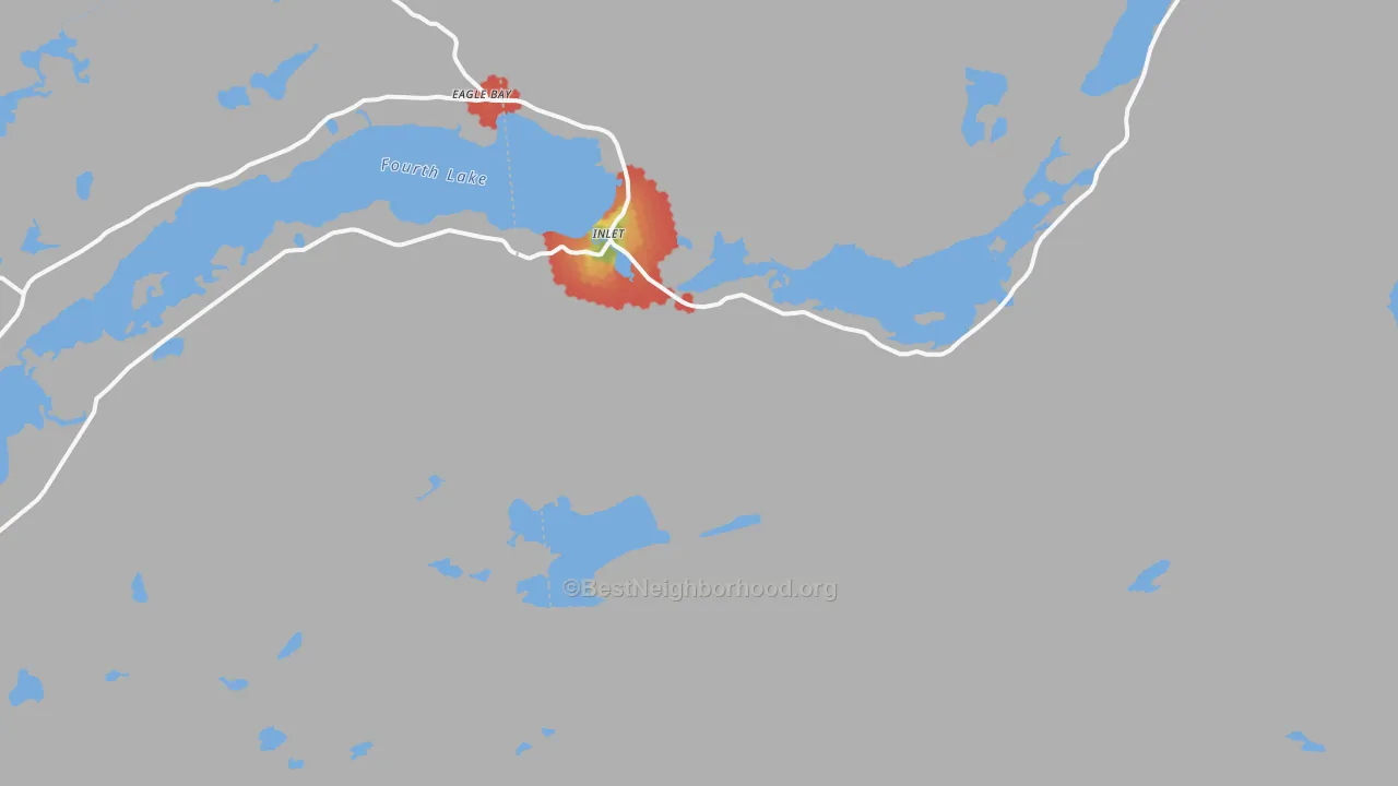 Walk Grade map of Inlet, NY, walkable areas in green and car-dependent areas in red
