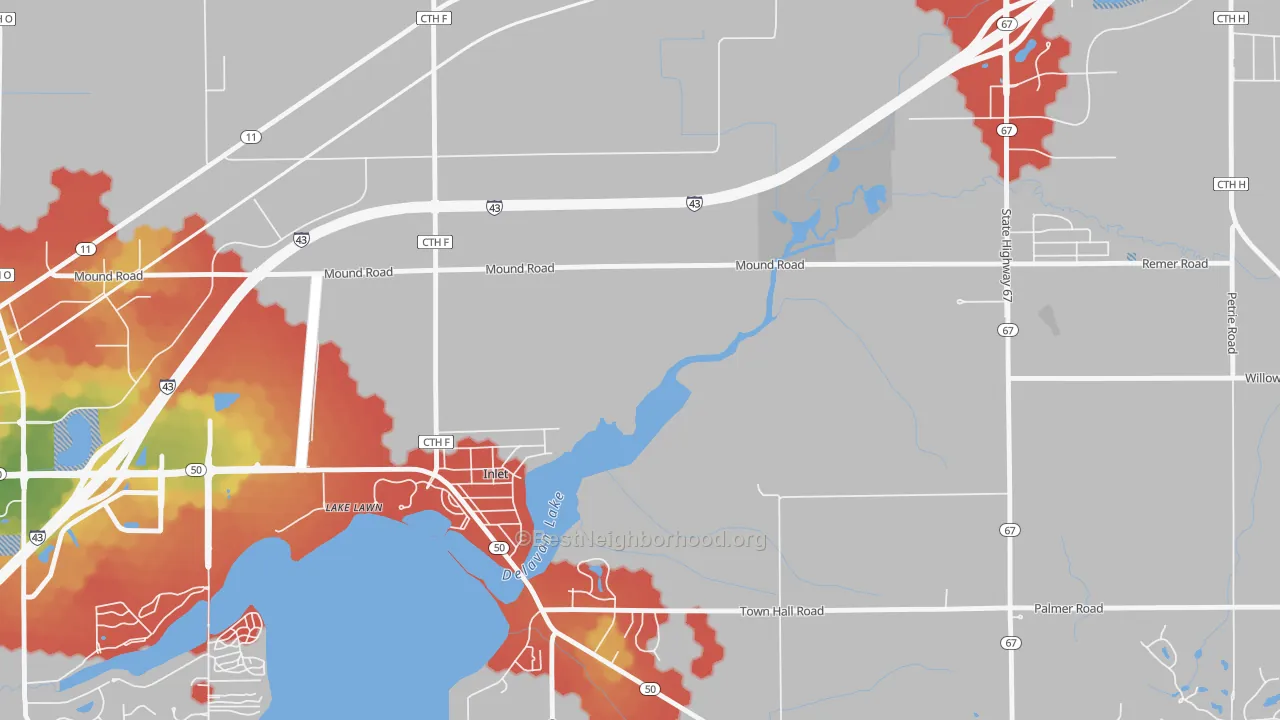 Walk Grade map of Inlet, WI, walkable areas in green and car-dependent areas in red